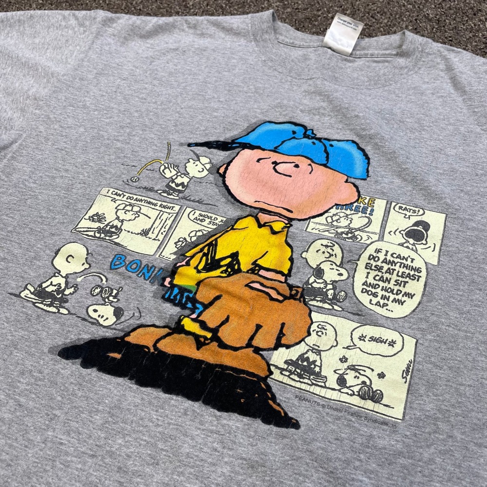 Vintage Peanuts Charlie Brown Baseball Comic Graphic T-Shirt Gray XL Delta